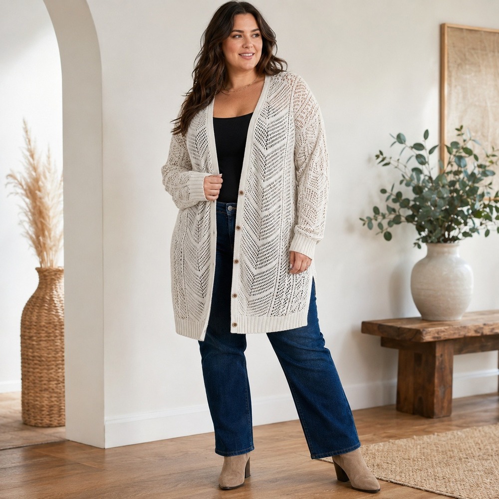 Torrid Cardigan Womens Size 2 Plus Ivory Crochet Open Knit Longline Button Boho